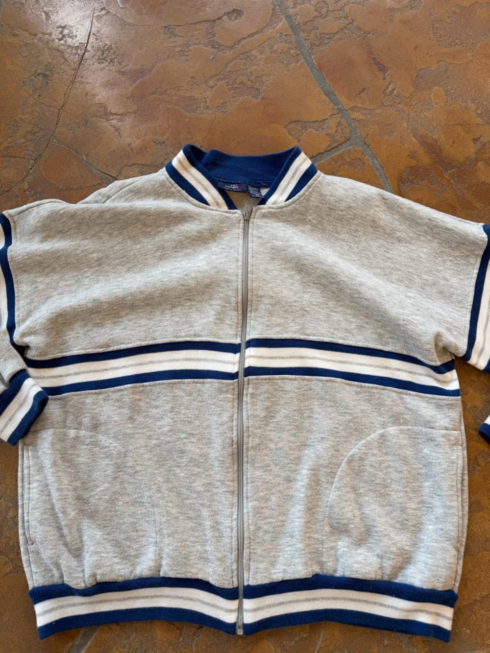 Vintage 80s Carl Michaels XL Striped Knit Full Zip Sweatshirt Gray Blue - Picture 2 of 7